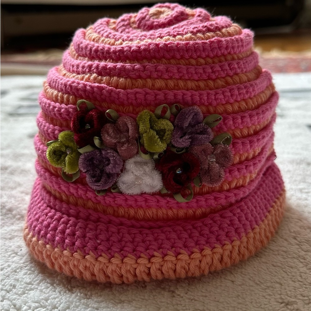 Handmade Toddler Hat Pink and Peach Sherbet Color Crochet with Flowers